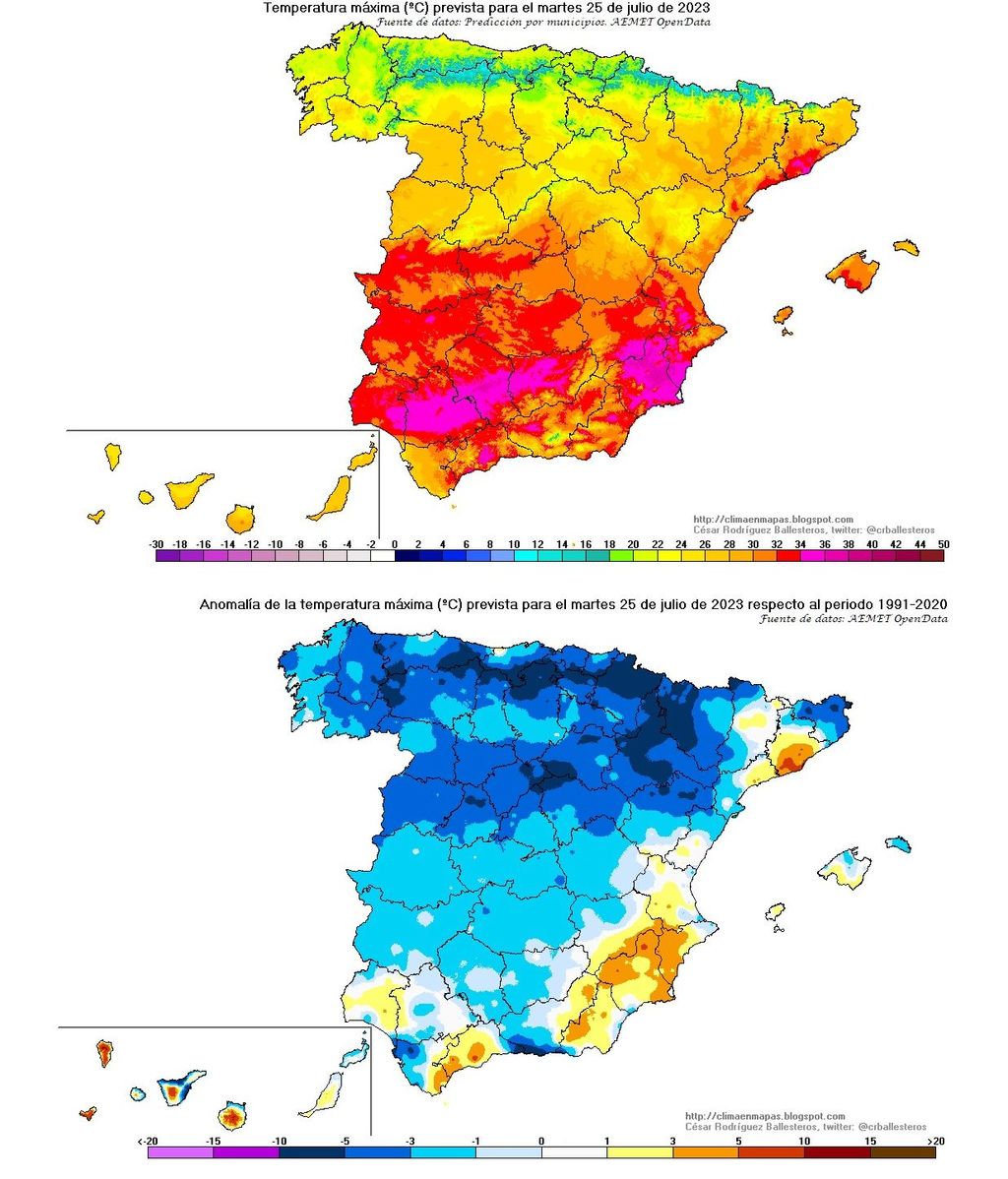 Temperaturas máximas y su anomalía prevista para el martes 25