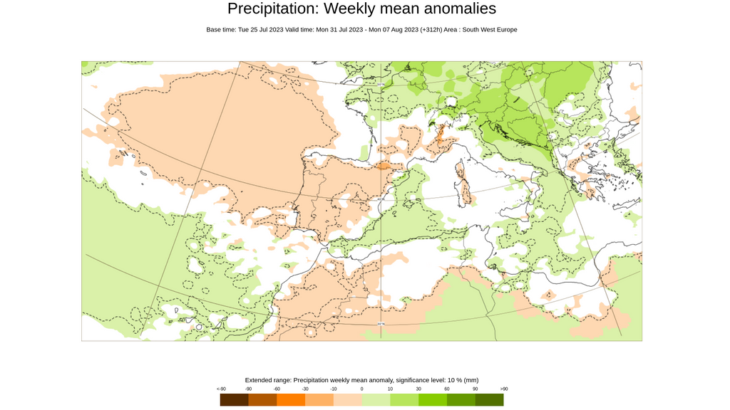 Anomalía de la precipitación prevista para la primera semana de agosto 2023