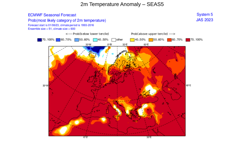 Anomalía de la temperatura prevista para el trimestre de julio, agosto y septiembre 2023