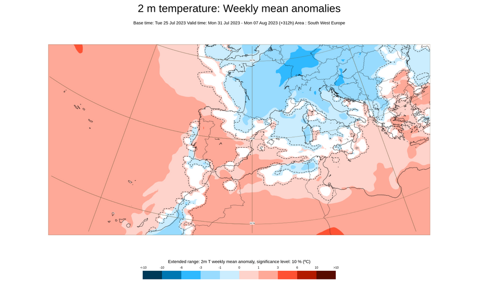 Anomalía de la temperatura prevista para la primera semana de agosto 2023