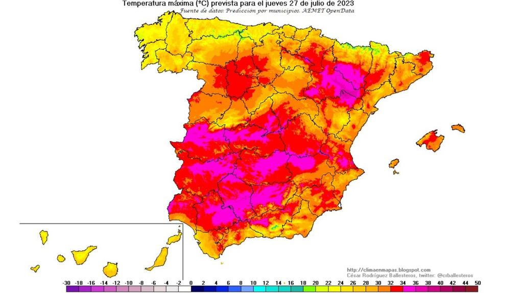 Temperaturas máximas previstas para el jueves 27