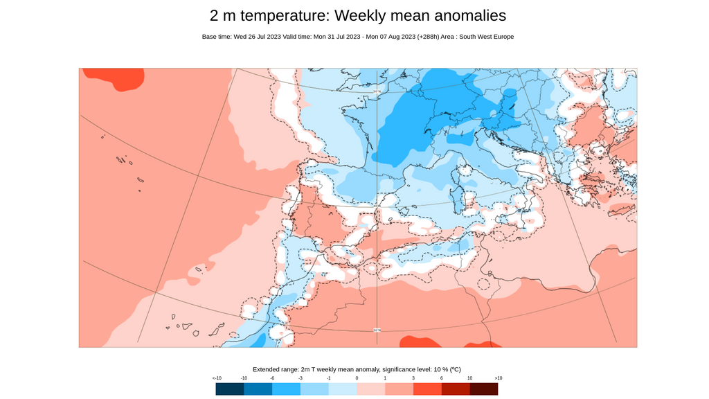 Anomalía de la temperatura prevista para la semana del 31 jul al 6 de agosto