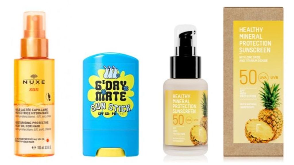 De izda. a dcha.: Aceite protector para el cabello y el cuero cabelludo, de Nuxe (13,70€). Protector solar vegano CHASIN' RABBITS G'DAY MATE SUN STICK de KOSS (25,95€). Healthy Mineral Sunscreen Protection, de Freshly Cosmetics (19,95€).