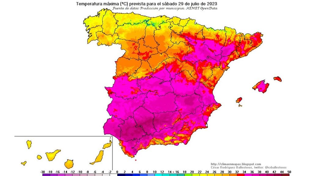 Temperaturas máximas previstas para el sábado 29