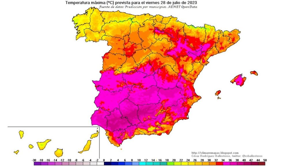 Temperaturas máximas previstas para el vienres 28