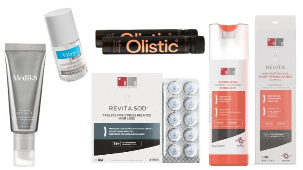 De izda. a dcha.: Crystal Retinal 6, enriquecido con Vitamina A y ácido hialurónico, de Medik8 (82€). Esmalte tratamiento con silicio orgánico, de Vitry (17,50€). Olistic for Women tratamiento para fortalecer, nutrir y combatir la caída del cabello (32,95€). Revita Sod para fortalecer el cabello desde dentro. Envase de 30 comprimidos (33,95€). Champú Revita para fortalecer el folículo piloso, de DS Laboratories (23,95€).