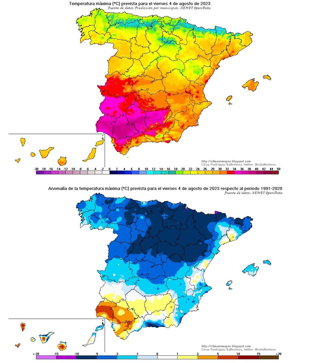 Temperatura máxima y su anomalía prevista para el jueves 4 de agosto