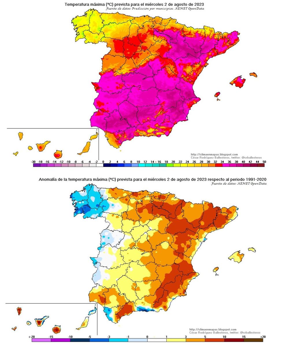 Temperatura máxima y su anomalía prevista para el miércoles 2 de agosto