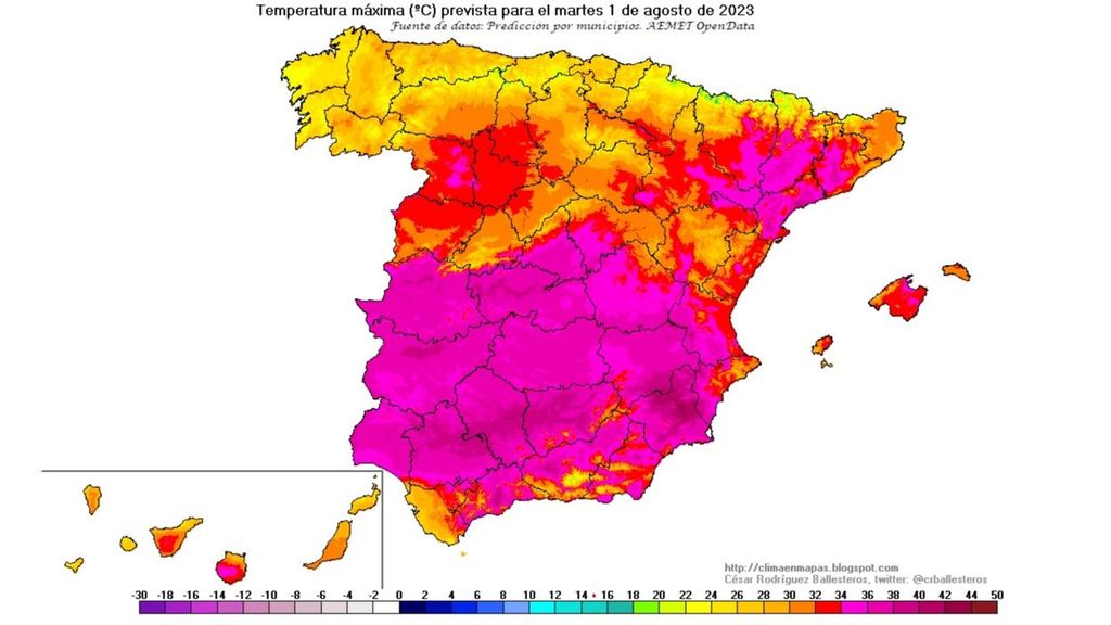 Temperaturas máximas previstas para el martes 1 de agosto