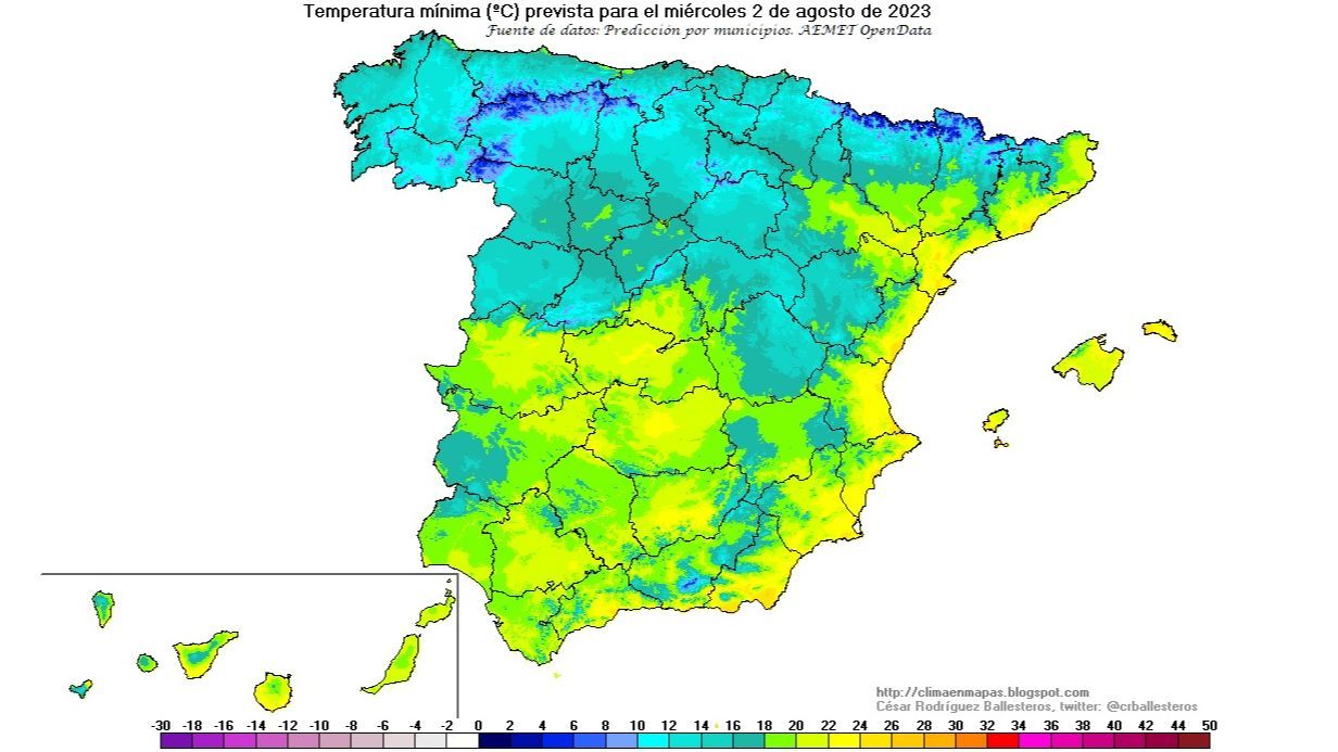 Temperaturas mínimas previstas para el miércoles 2