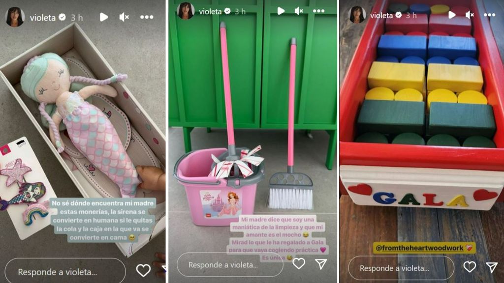 Violeta Mangriñán enseña algunos de los regalos que ha recibido Gala en su primer cumpleaños