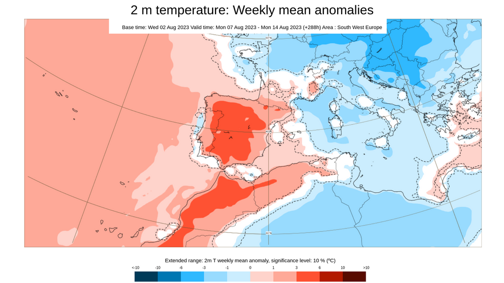 Anomalía de la temperatura prevista para la semana del 7 al 13 de agosto