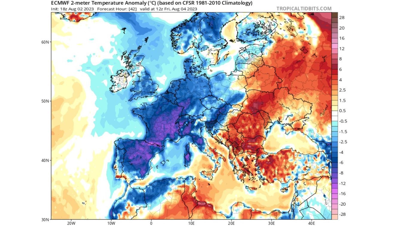 Anomalía de la temperatura en superficie prevista para el viernes
