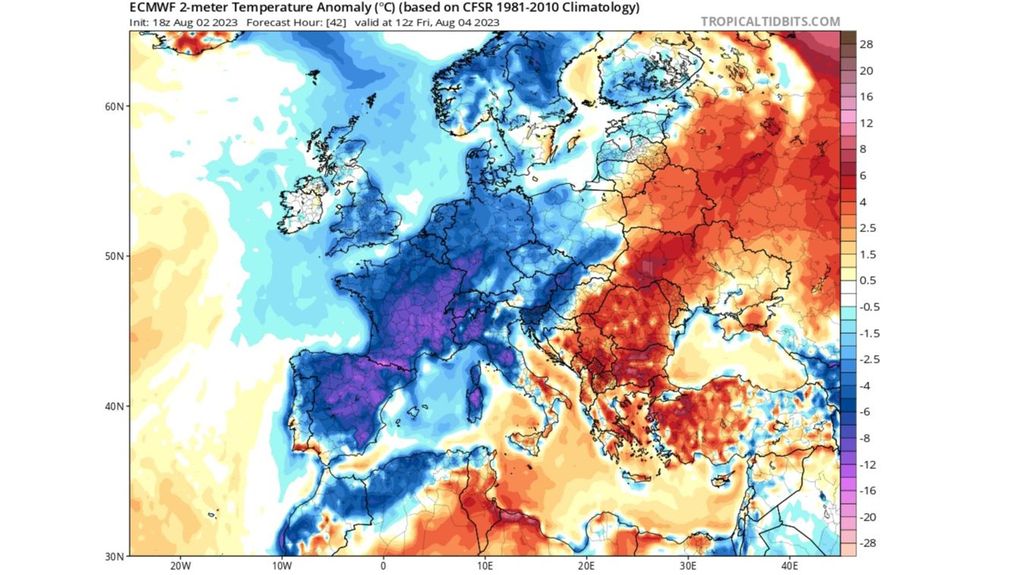 Anomalía de la temperatura en superficie prevista para el viernes 