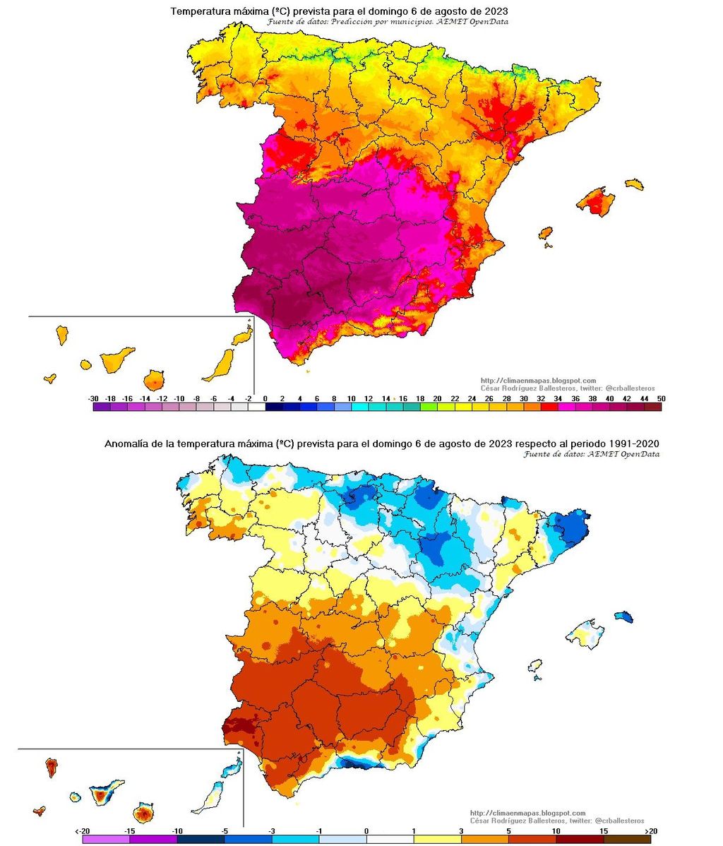 Temperatura máxima prevista para el domingo y su anomalía