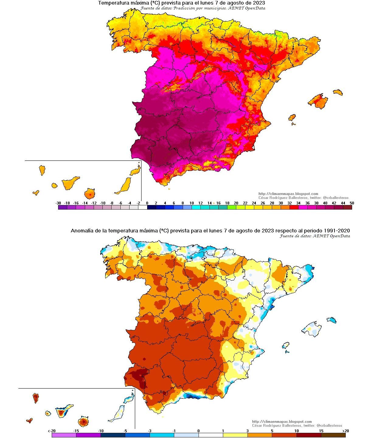 Temperaturas máximas y su anomalía prevista para el lunes 7 agosto