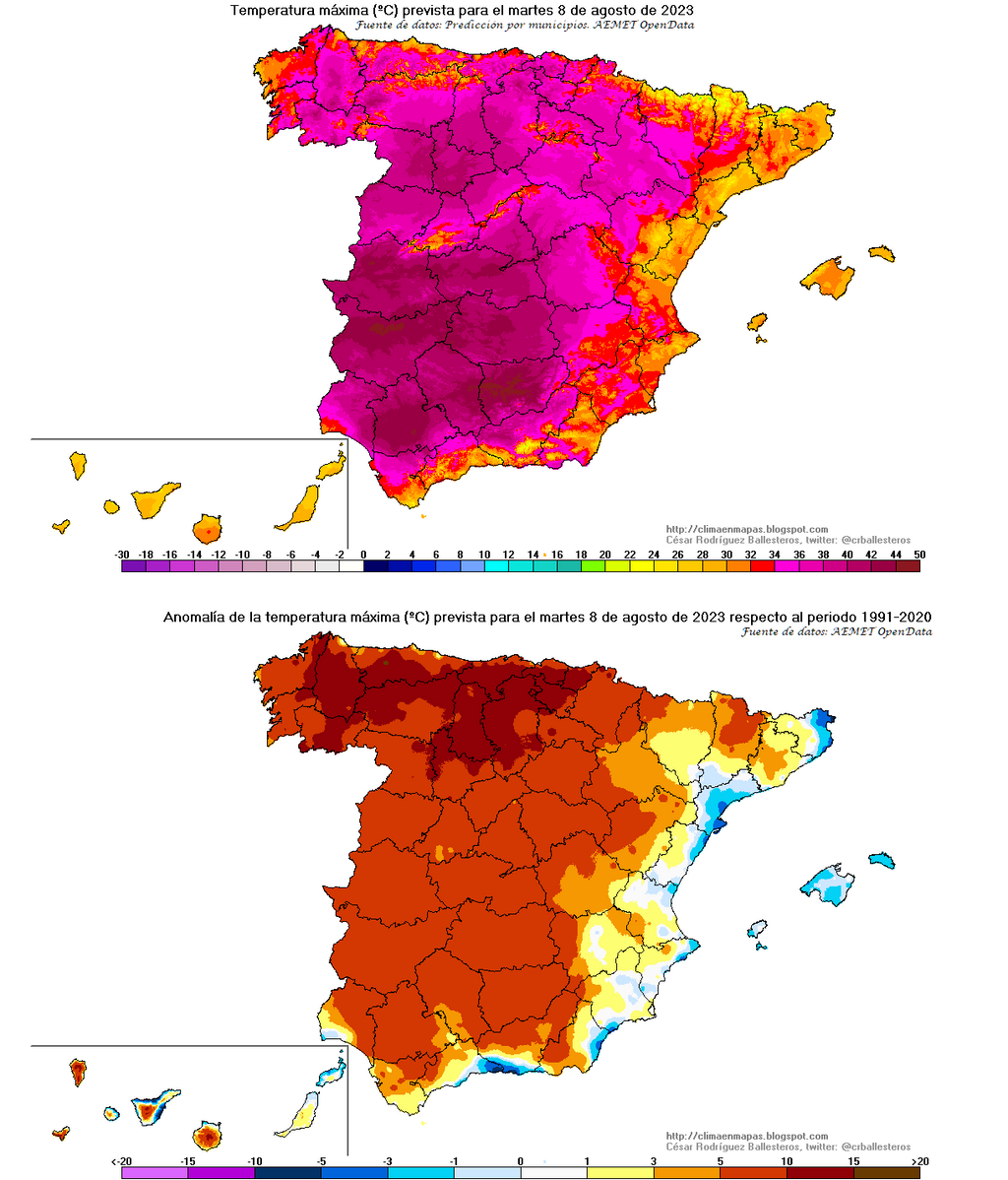 Temperatura máxima y su anomalía prevista para el miércoles 8 agosto