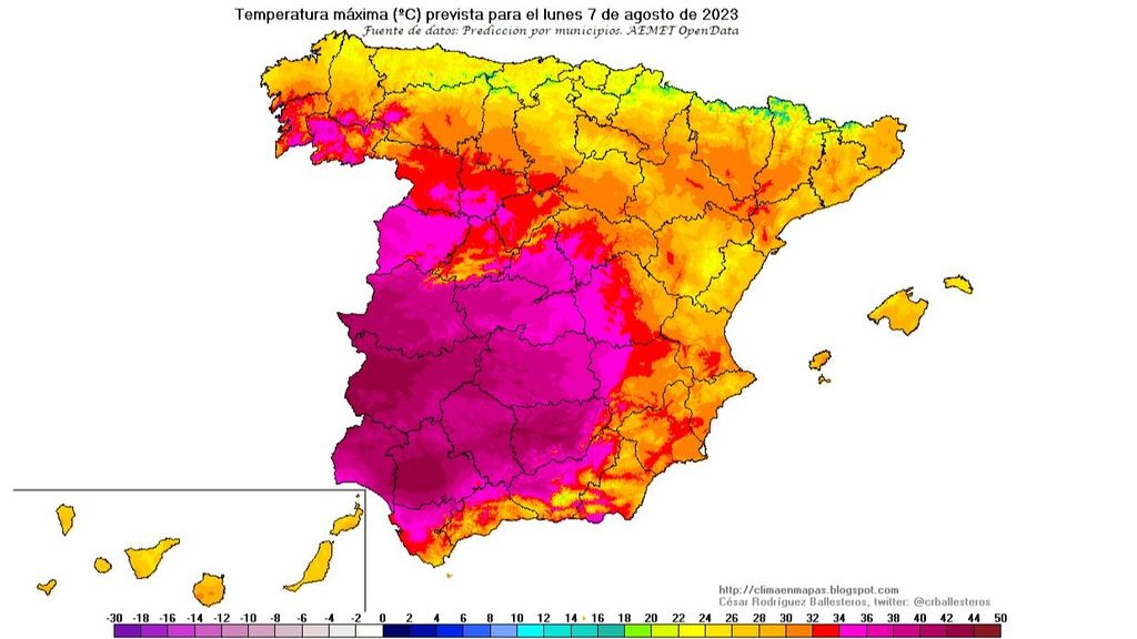 Temperaturas máximas previstas para el lunes 7