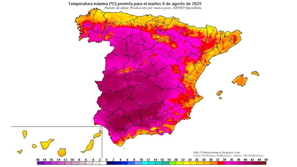 Temperaturas máximas previstas para el martes 8