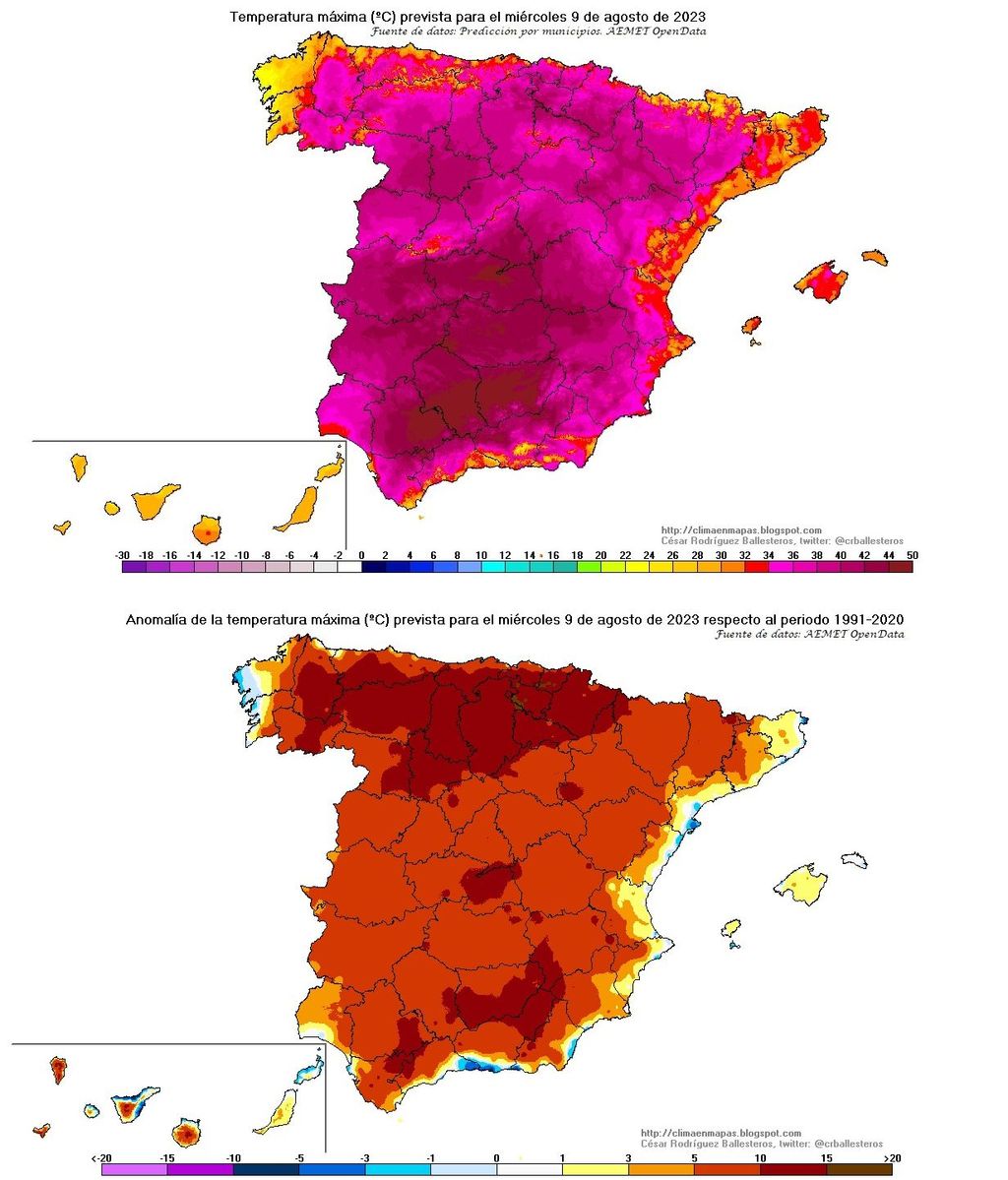 Temperaturas máximas y su anomalía prevista para el miércoles 9