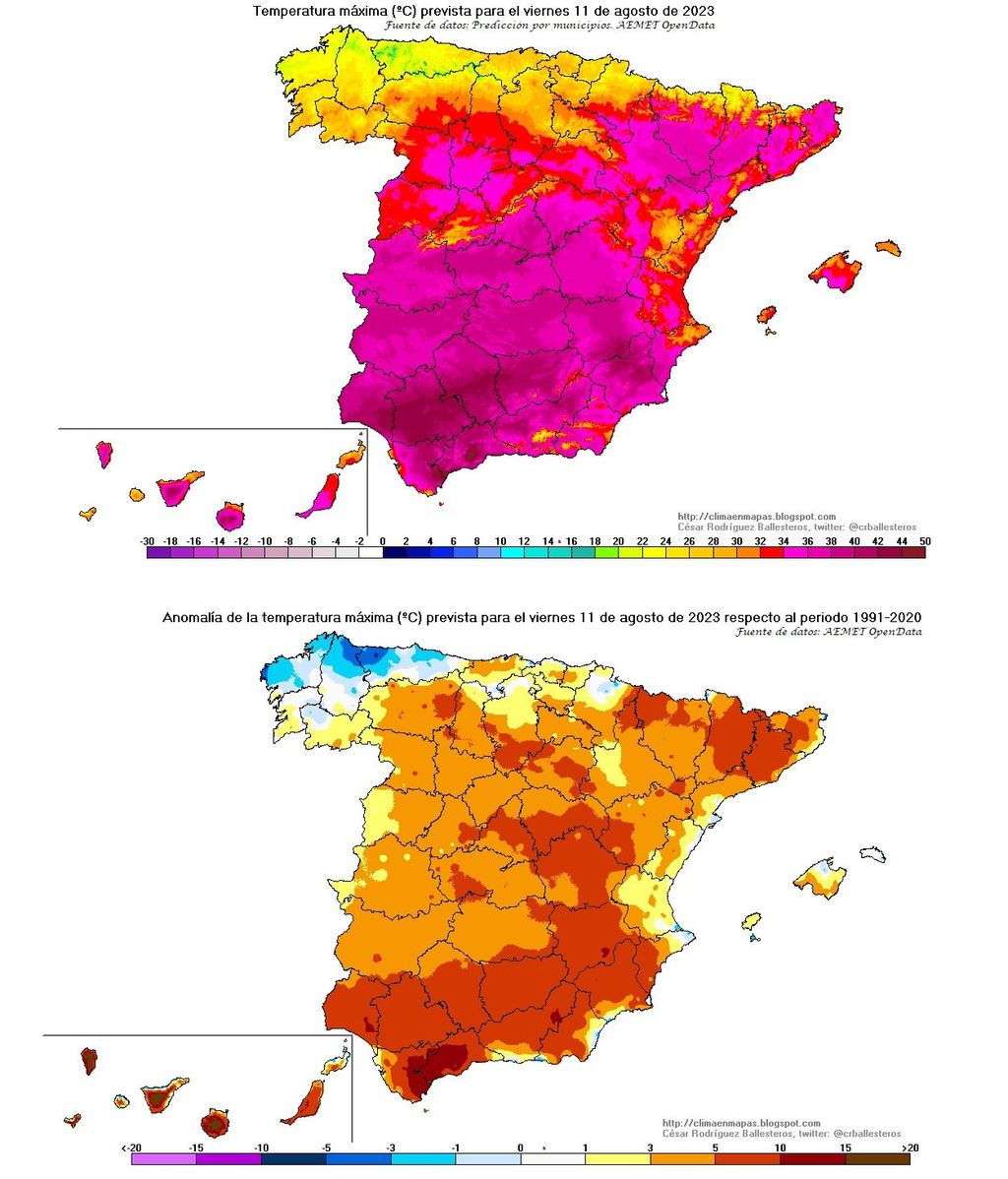 Temperaturas máximas y su anomalía prevista para el viernes 11