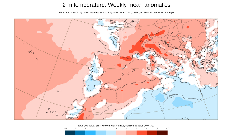 Anomalía de la temperatura prevista para la semana del 14 al 20 de agosto 2023