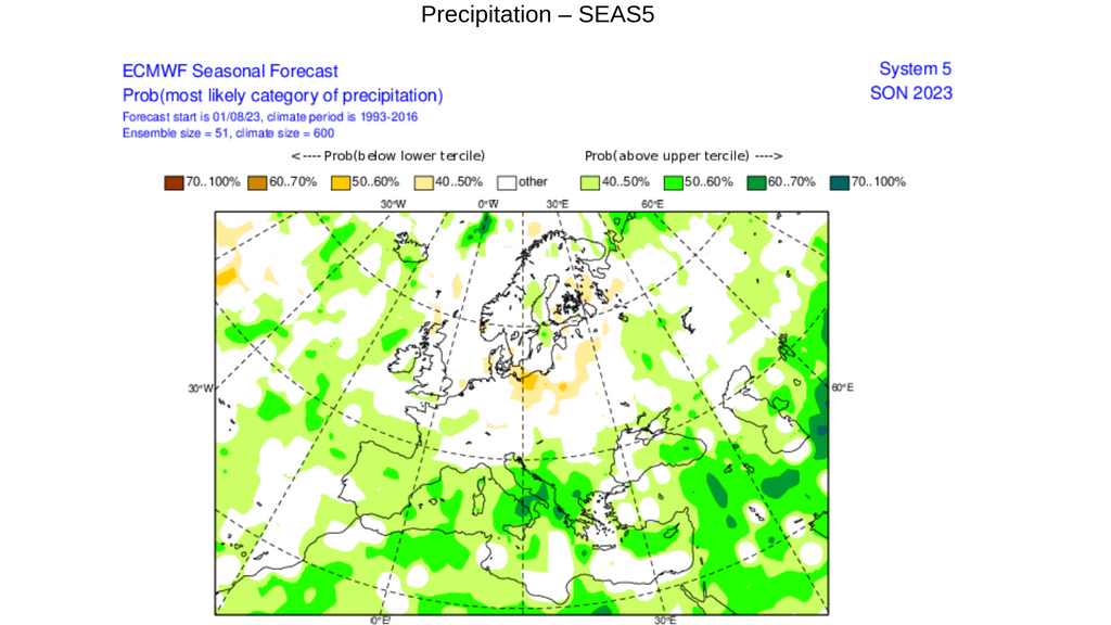 Anomalía de la precipitación prevista para el conjunto del trimestre septiembre, octubre y noviembre