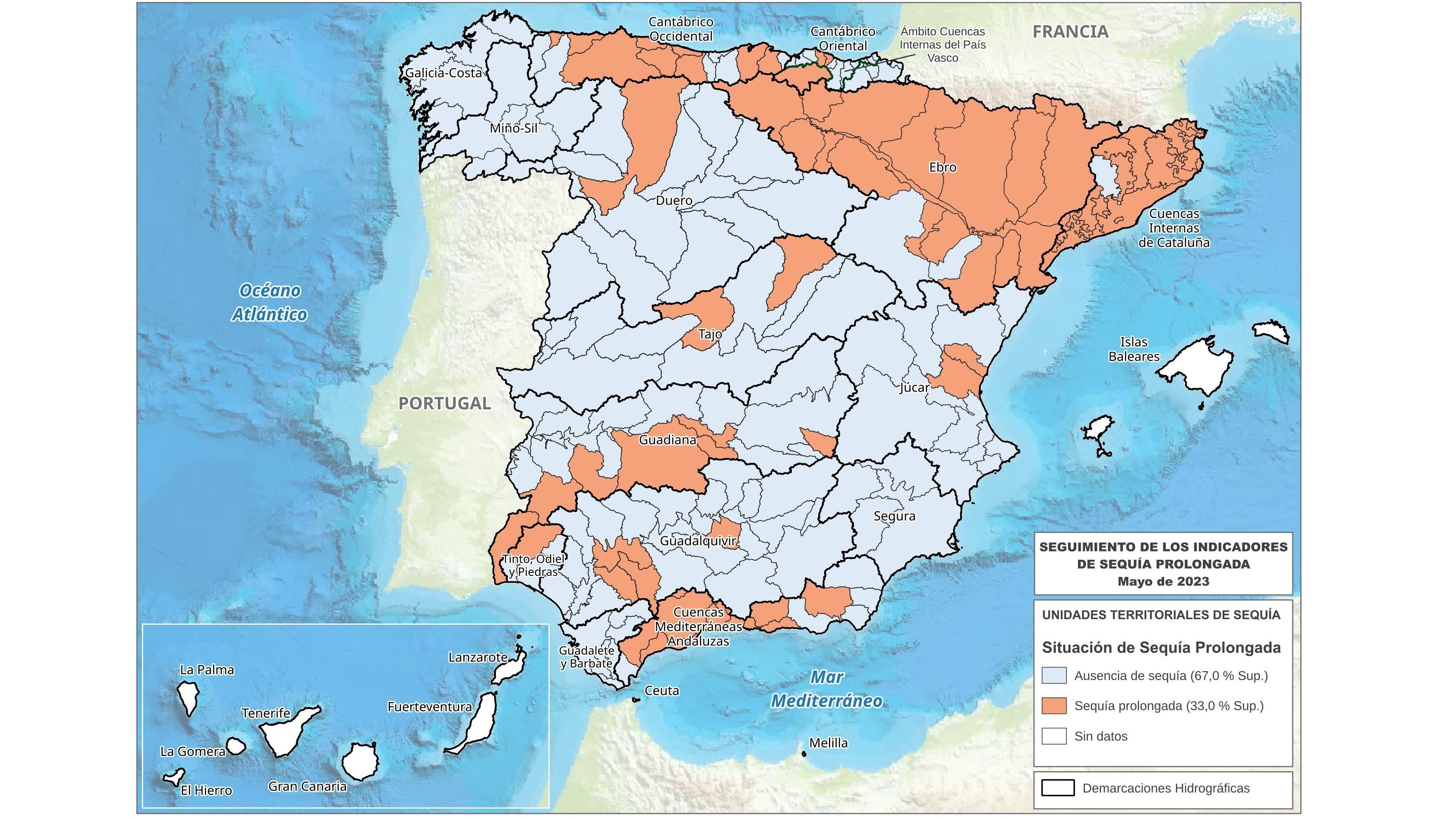 Mapa indicadores sequía prolongada a fecha 31/5/2023
