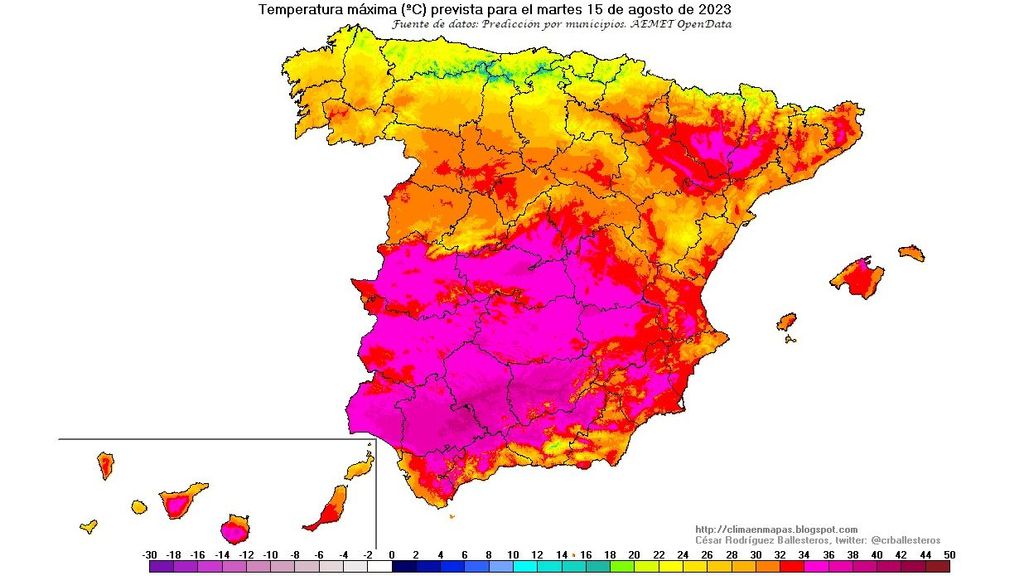 Temperaturas máximas previstas para el martes 15 agosto