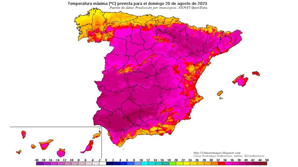 Temperaturas máximas previstas para el domingo 20