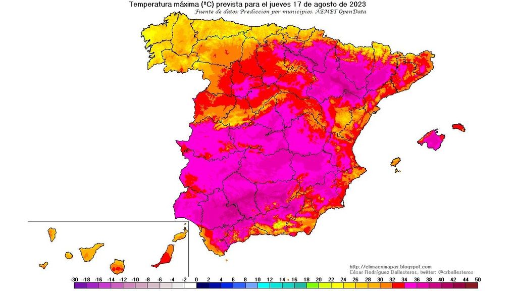 Temperaturas máximas previstas para el jueves 17