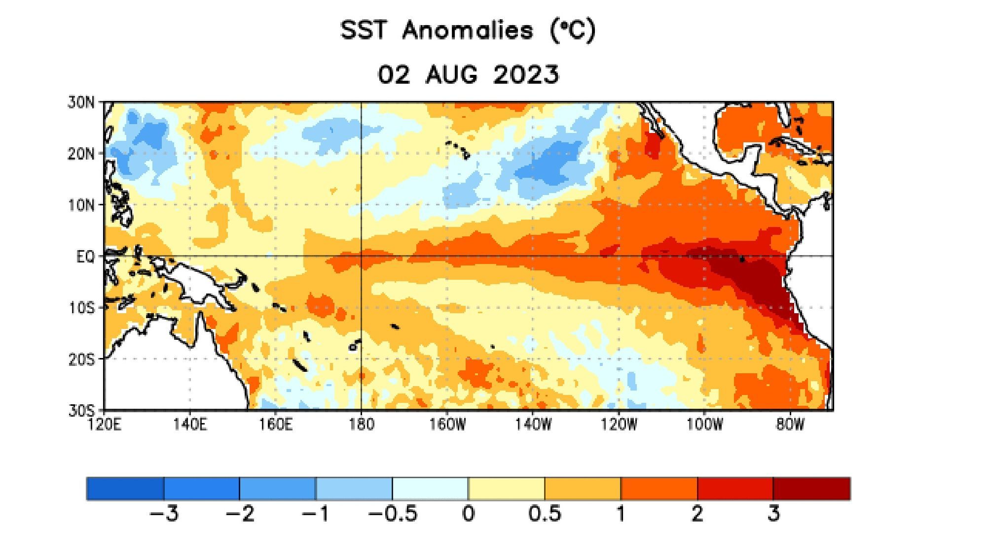 Anomalía de la temperatura superficial de las aguas del Pacífico en agosto 2023