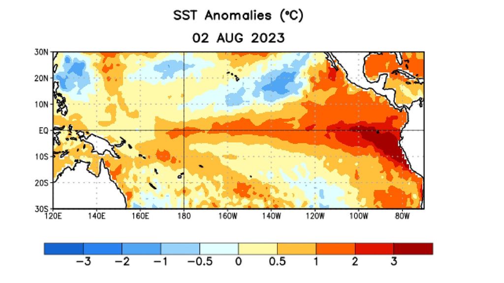 Anomalía de la temperatura superficial de las aguas del Pacífico en agosto 2023