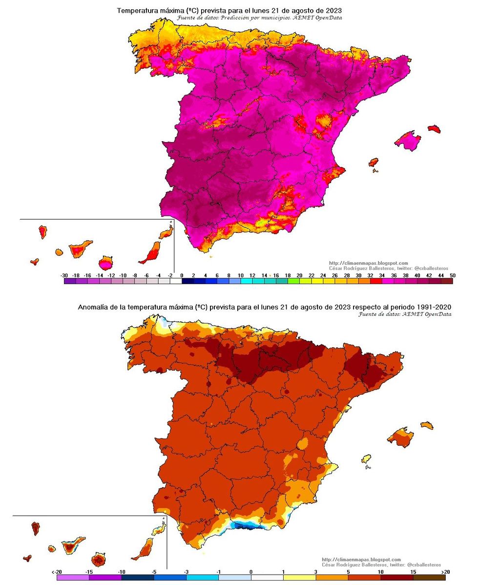 Temperatura máxima y su anomalía prevista para el lunes 21