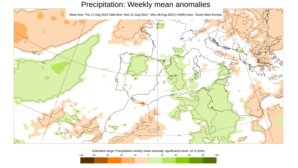 Anomalía de la precipitación prevista para el conjunto de la próxima semana