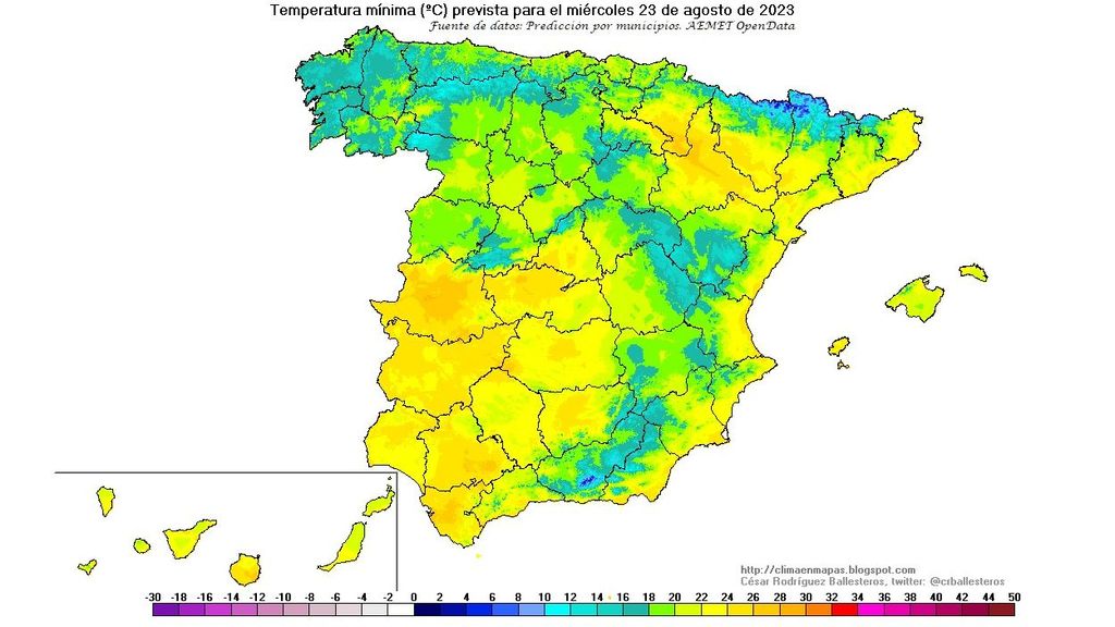 Temperatuars mínimas previstas para el miércoles 23