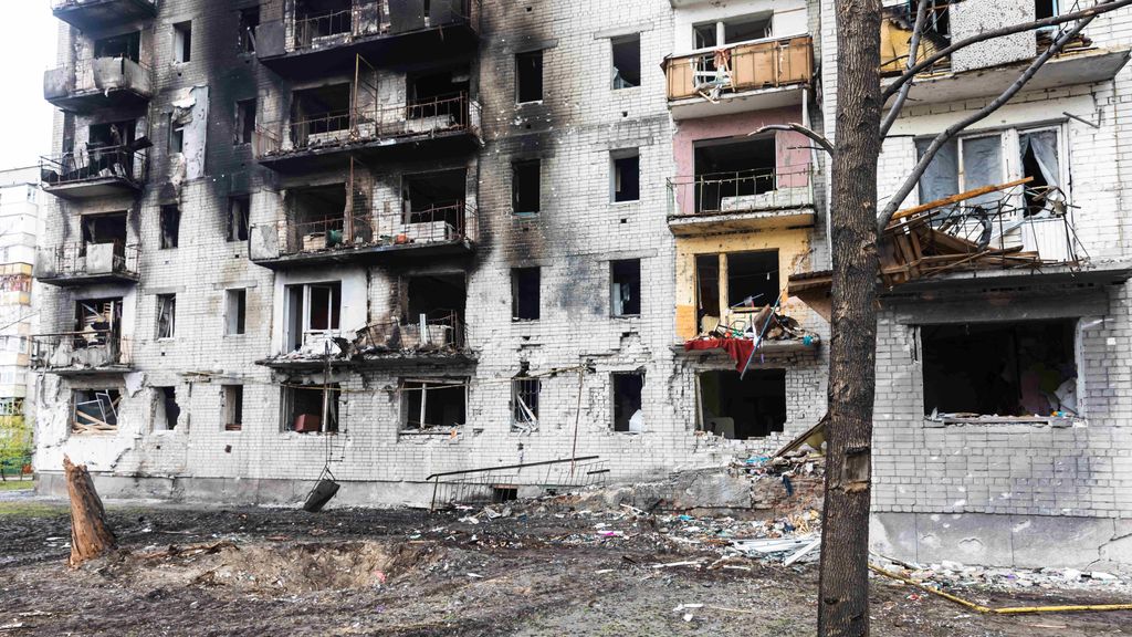 Funnels and traces of exploding shells and rockets on the streets of Chernihiv. Russia invaded Ukraine on 24 February 2022, triggering the largest military attack in Europe since World War II.