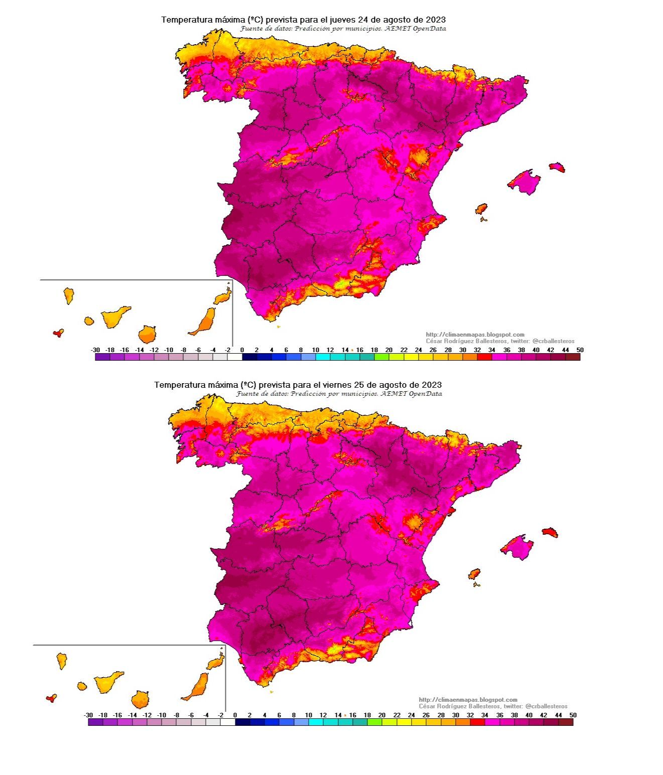 Temperaturas máximas previstas para el jueves y viernes