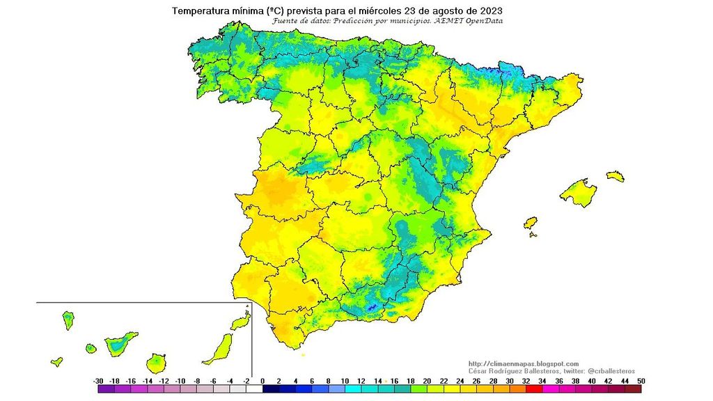 Temperaturas mínimas previstas para el miércoles 23