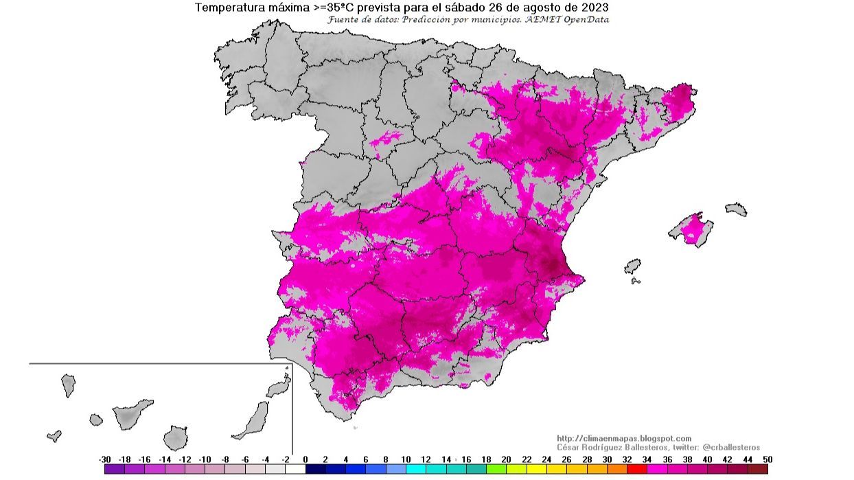 Zonas dond ela temperatura máxima alcanzará o superará los 35 ºC el sábado 26