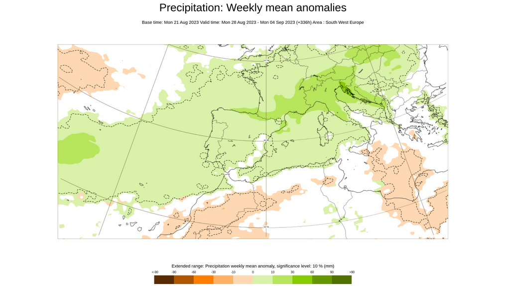 Anomalía de la precipitación prevista para la semana del 28 de agosto al 3 de septiembre