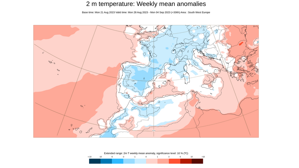 Anomalía de la temperatura prevista para la semana del 28 de agosto al 3 de septiembre