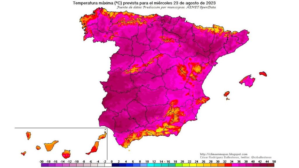 Temperaturas máximas previstas para el miércoles 23