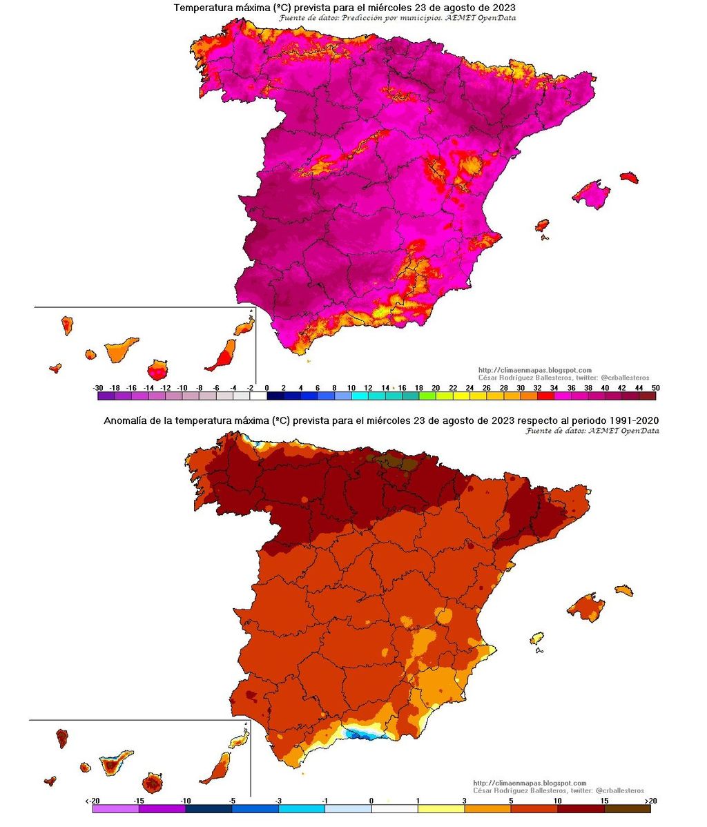 Temperatura máxima y su anomalía prevista para el miércoles 23