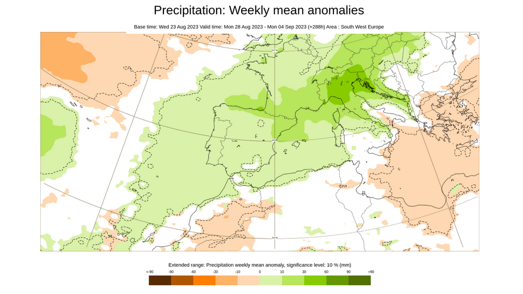 Anomalía de la precipitación prevista para la semana que viene