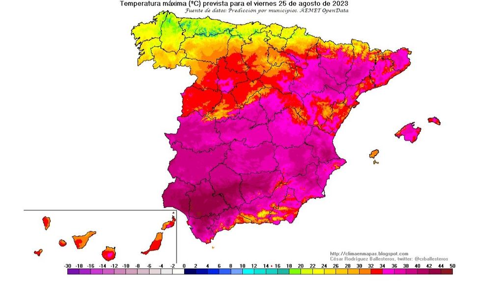 Temperaturas máximas previstas para el viernes 25