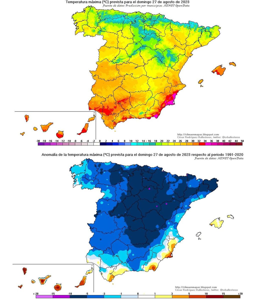 Temperatura máxima y su anomalía prevista para el domingo 27