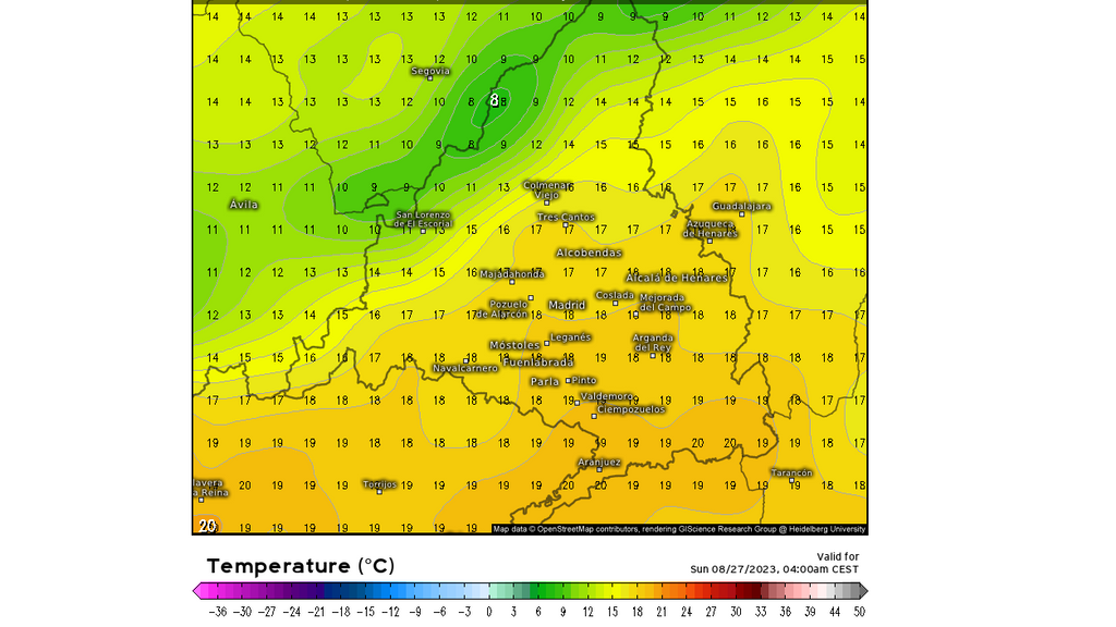 Temperatura mínima prevista para el domingo 27