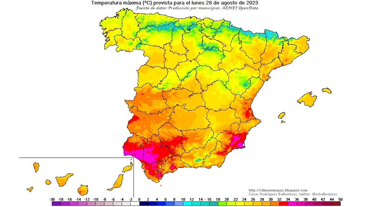 Temperaturas máximas previstas para el lunes 28