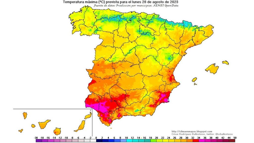 Temperaturas máximas previstas para el lunes 28